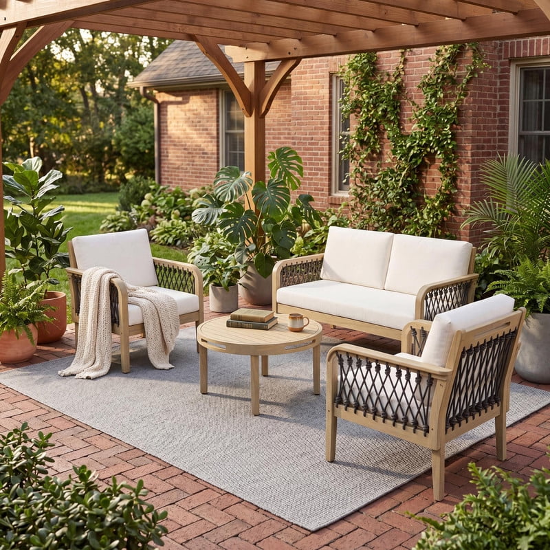4-Piece Outdoor Acacia Wood Sectional Sofa Set, Patio All-Weather Conversation Chat Set with Woven Rope Armrests & Removable Cushions