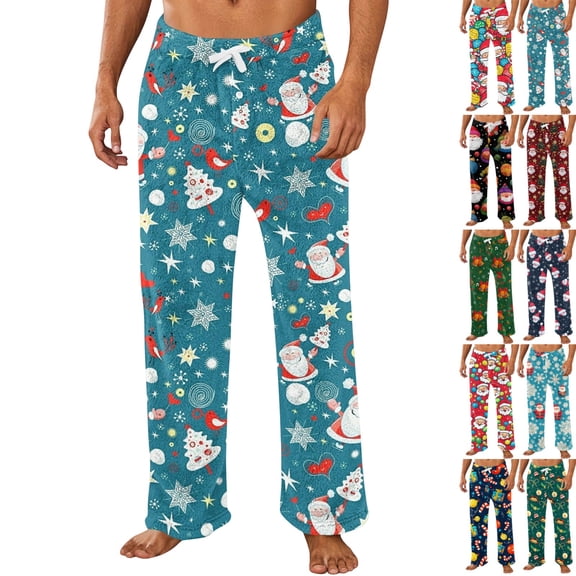 GrmtClth Men's Pajama Pants Christmas Santa Print Lounge Soft Warm Sleepwear Pants PJ Bottoms Drawstring and Pockets Light Blue L