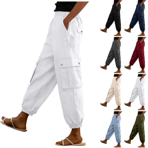 Miluxas Casual Solid Cargo Pants for Women Lightweight Elastic Waist Wide Leg Joggers Summer Hiking Pants with Pockets Quick Dry White