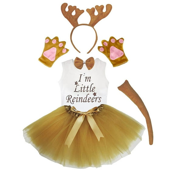 Petitebelle Reindeer Headband Bowtie Tail Gloves Tutu Shirt 6pc Costume (Brown, 3-4 Years)