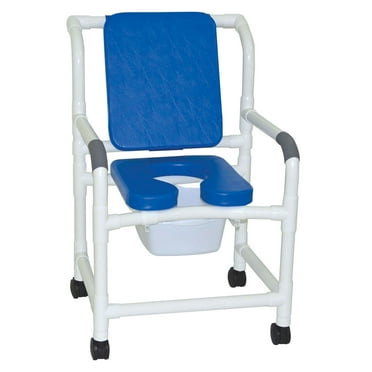 MJM International 122-3TW-SSDE-CBP-SQ-PAIL-BL Wide Deluxe Shower Chair with Blue Soft Seat and Padded Back and Slide Out Commode Pail