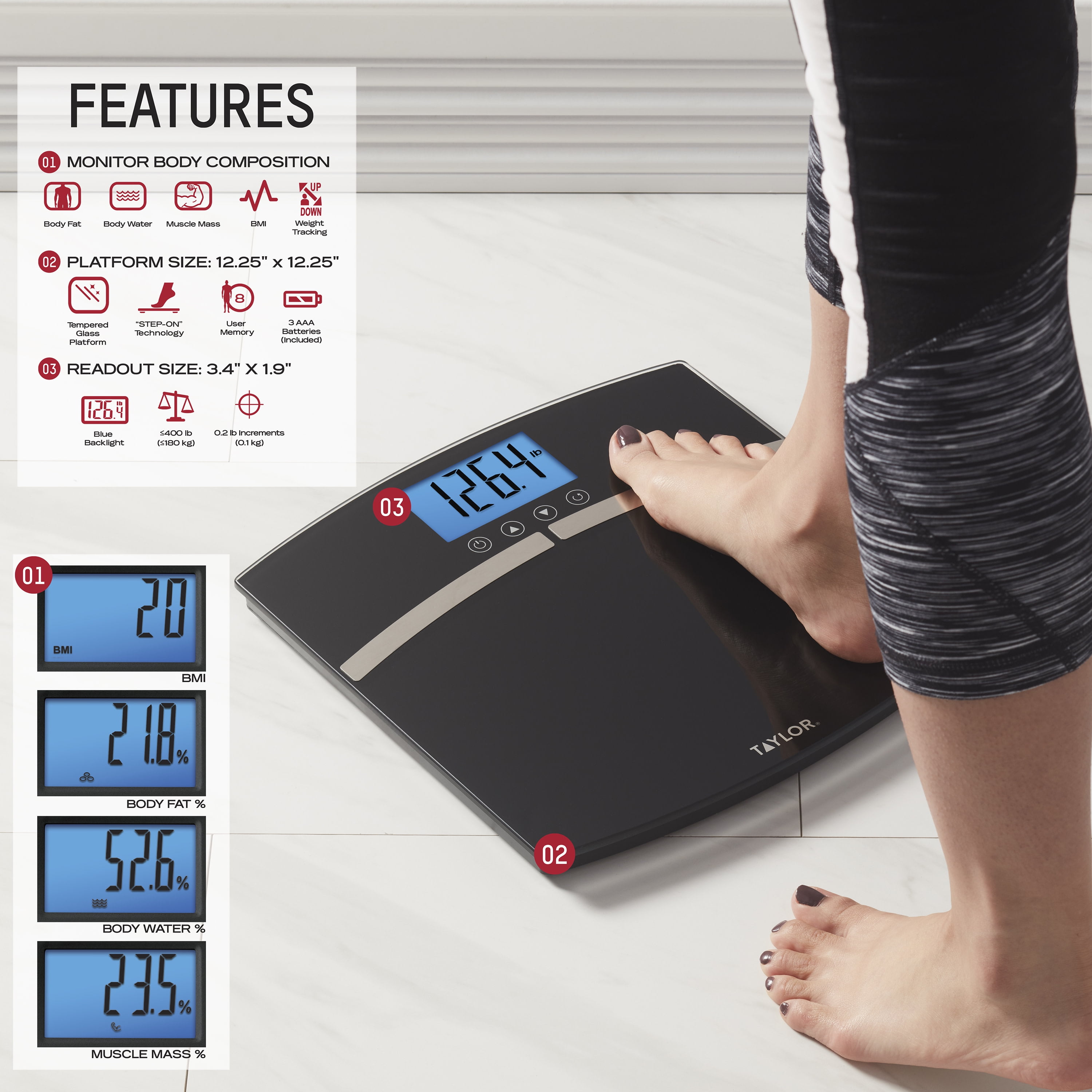 Body Composition Scale with Body Water, Body Fat and Muscle Mass – Taylor  USA