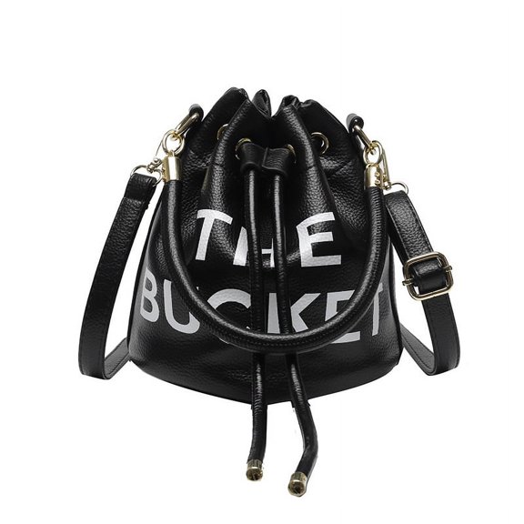 Sunyuer Women Mini Drawstring Bucket Bag, Letter Print PU Leather Handbag, Fashion Detachable Adjustable Strap Crossbody Shoulder Purse for Daily Travel