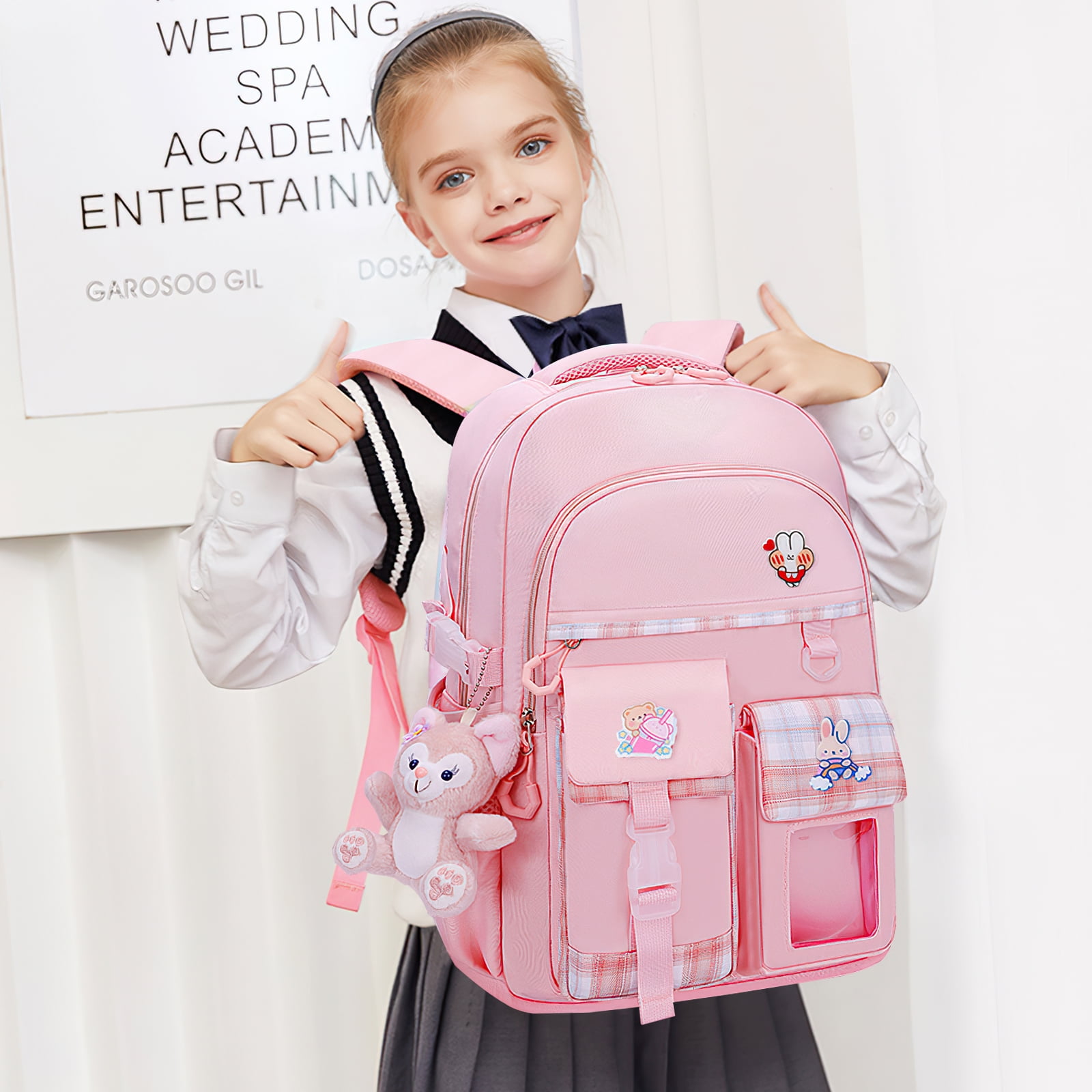 Kadyn Travel Backpacks, Cute Bookbag for Teen, Multifunctional School Durable Schoolbag with Lina Bell, 3 Decorative Cards and Lunch Bag, Pink