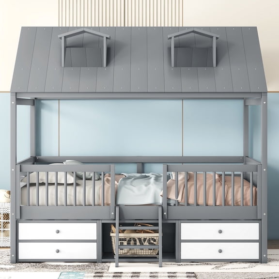 Miekor Furniture Full Size Wood Bed House Bed Frame,Gray 67134