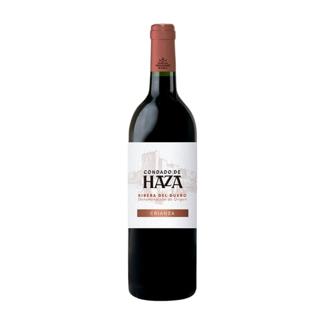 vino tinto familia fernandez rivera condado de haza crianza 750 ml botella frontal de vidrio oscuro con cápsula color teja y etiqueta blanca con logo y banda marrón "Crianza" sobre fondo blanco; marida con carnes asadas y quesos semicurados y suele usarse en cenas formales.
