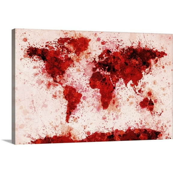 Great Big Canvas "World Map Paint Splashes Red" by Michael Tompsett Black Burgundy Wrapped Canvas Print Wall Artwork