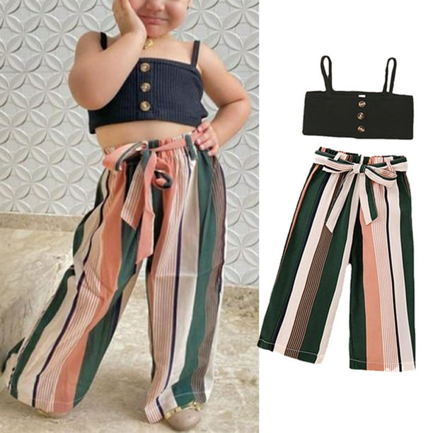 Toddler Girls 2 Pieces Outfits Solid Color Buttons Sling Tank Tops Stripe  Wide-Leg Pants Summer Set 