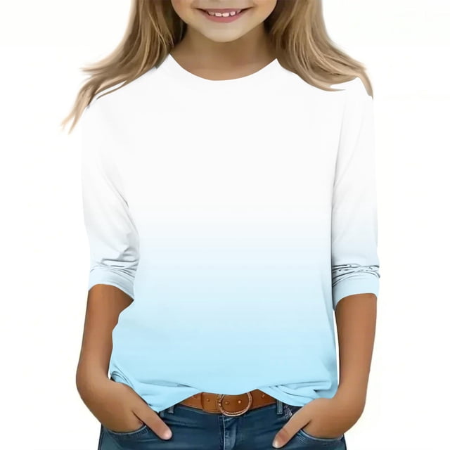 Plebaso T-Shirts à Manches 3/4 pour Filles, Dégradé de Couleur, Col Rond, Printemps 2025, Blouses Décontractées pour Enfants
