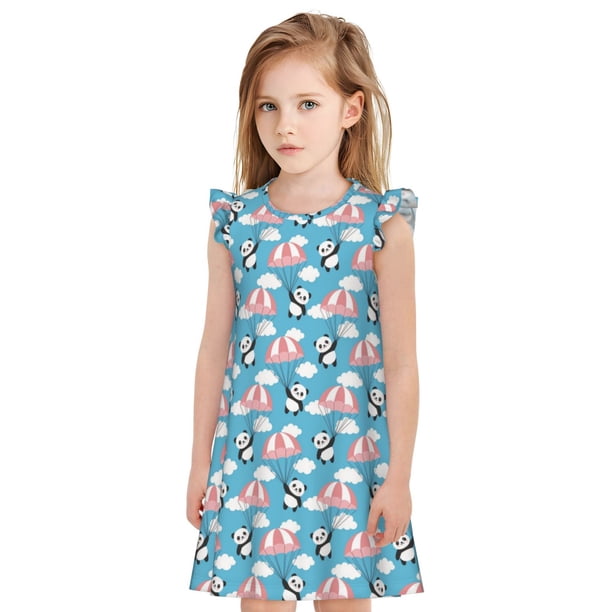 Balery Panda Flying in the Sky Camisón de princesa para niñas, pijama de algodón con mangas abullonadas, suave y bonito.-Large