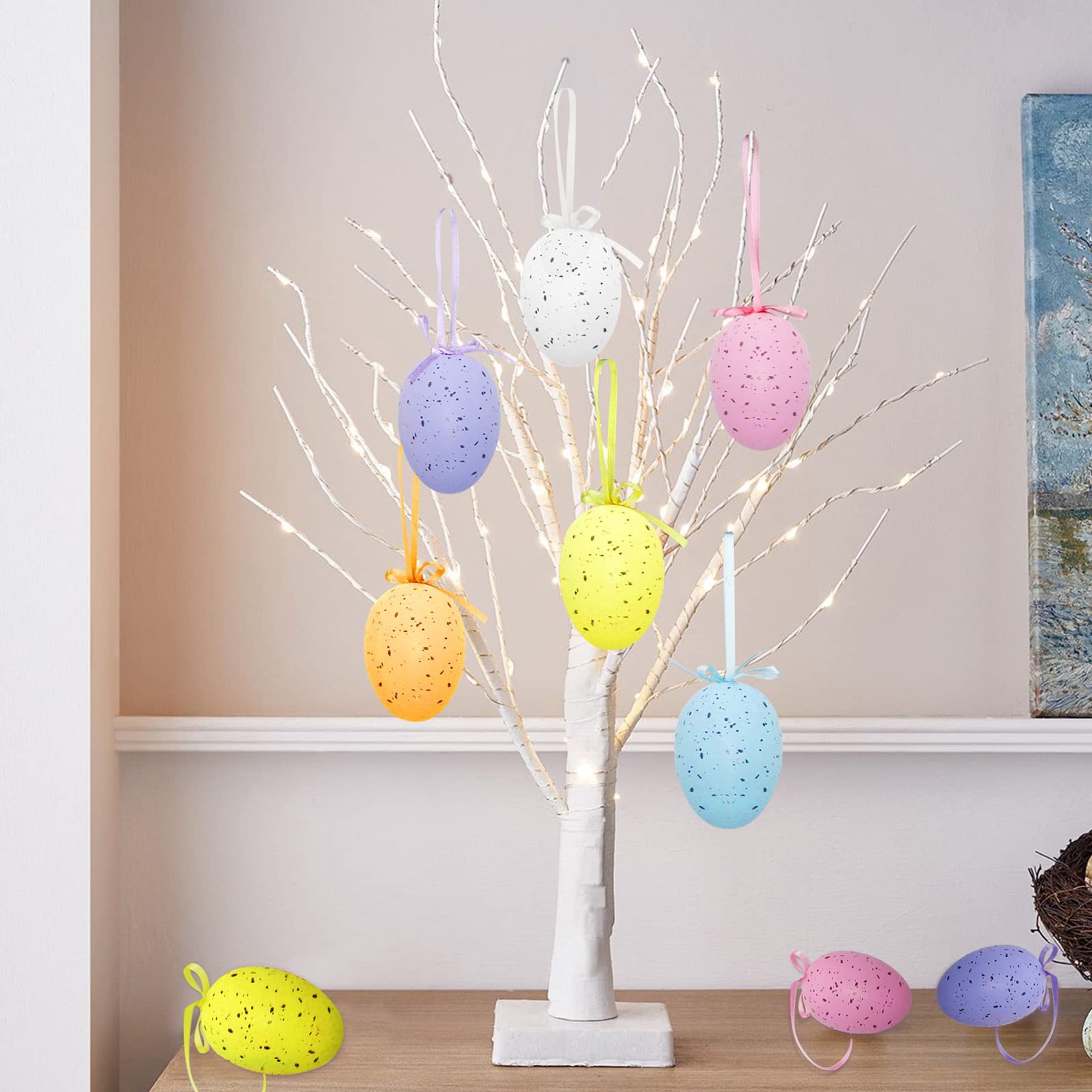 12 colorful plastic Easter eggs with dots. Perfect for hanging, basket stuffers, tree ornaments. Spring party favors for indoor/outdoor decor. Multicolor.