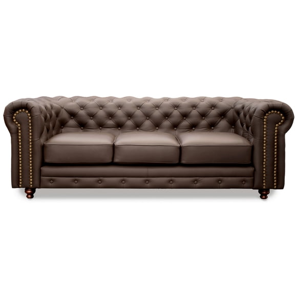 Sofá de de Piel Genuina Clásico Capitonado, 3 plazas, Modelo Chesterfield P/V, Color Chocolate, Elegante, cómodo y Moderno, Hecho en Mexico. Medidas 220 X 90 X 80 cm.