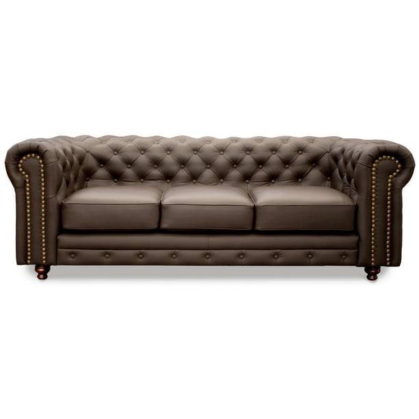 Sofá de de Piel Genuina Clásico Capitonado, 3 plazas, Modelo Chesterfield P/V, Color Chocolate, Elegante, cómodo y Moderno, Hecho en Mexico. Medidas 220 X 90 X 80 cm.