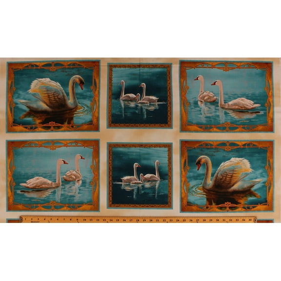 24" X 44" Panel Majestic Swans Birds Cygnets on Water Oil Painting Look Wildlife Nature Cotton Fabric Panel (1649-26663-E)