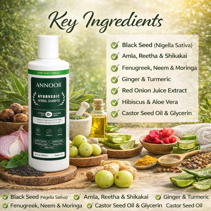 Annoor Ayurvedic Herbal Shampoo 16 oz | Plant-Based & Sulfate-Free | With Amla, Reetha, Shikakai & Aloe Vera | For Soft, Healthy-Looking Hair