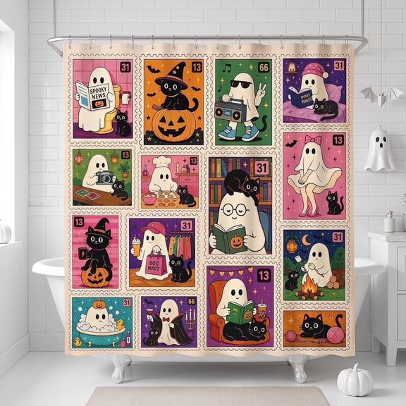 Halloween Ghost And Black Cat Shower Curtain Stamp Style Polyester Waterproof Fabric Bathroom Decor 71x71 inches