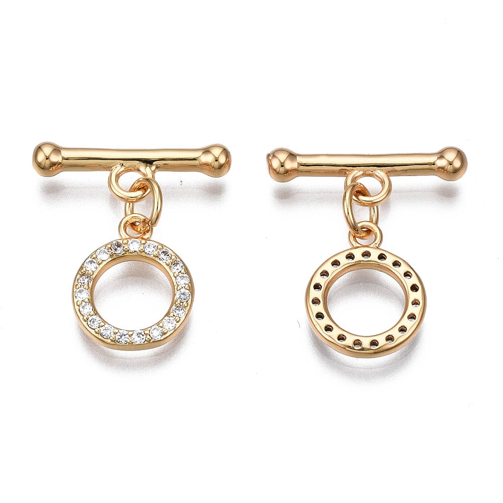 Brass Micro Pave Clear Cubic Zirconia Toggle Clasps Nickel Free Ring Real 18K Gold Plated Ring: 12.5x10.5x2mm Bar: 17x6x3mm Jump Ring: 5x1mm