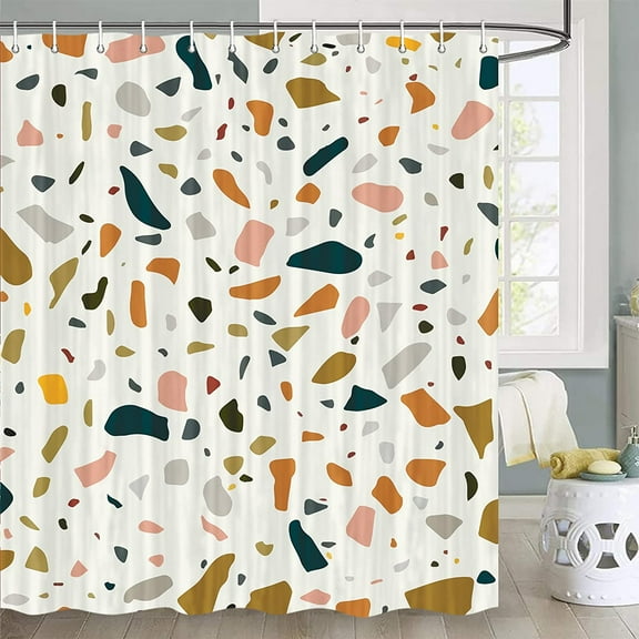 Colorful Mable Shower Curtain Modern Geometric Terrazzo Pattern Shower Curtain Set, Waterproof Cool Shower Curtain Marble, Hooks Included, Cream
