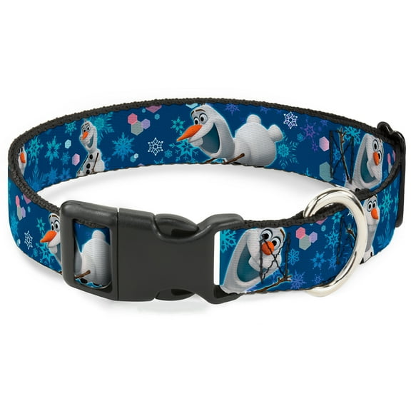 Disney Pet Collar, Dog Collar Plastic Buckle, Frozen Olaf Poses Snowflakes Blues, 7 to 8.5 Inches 0.5 Inch Wide