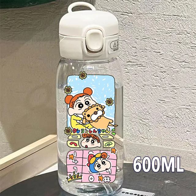 Botella de plástico resistente a prueba de fugas para beber, botella de agua de crayón Shin Chan de gran capacidad, transparente, portátil, 400-600ML