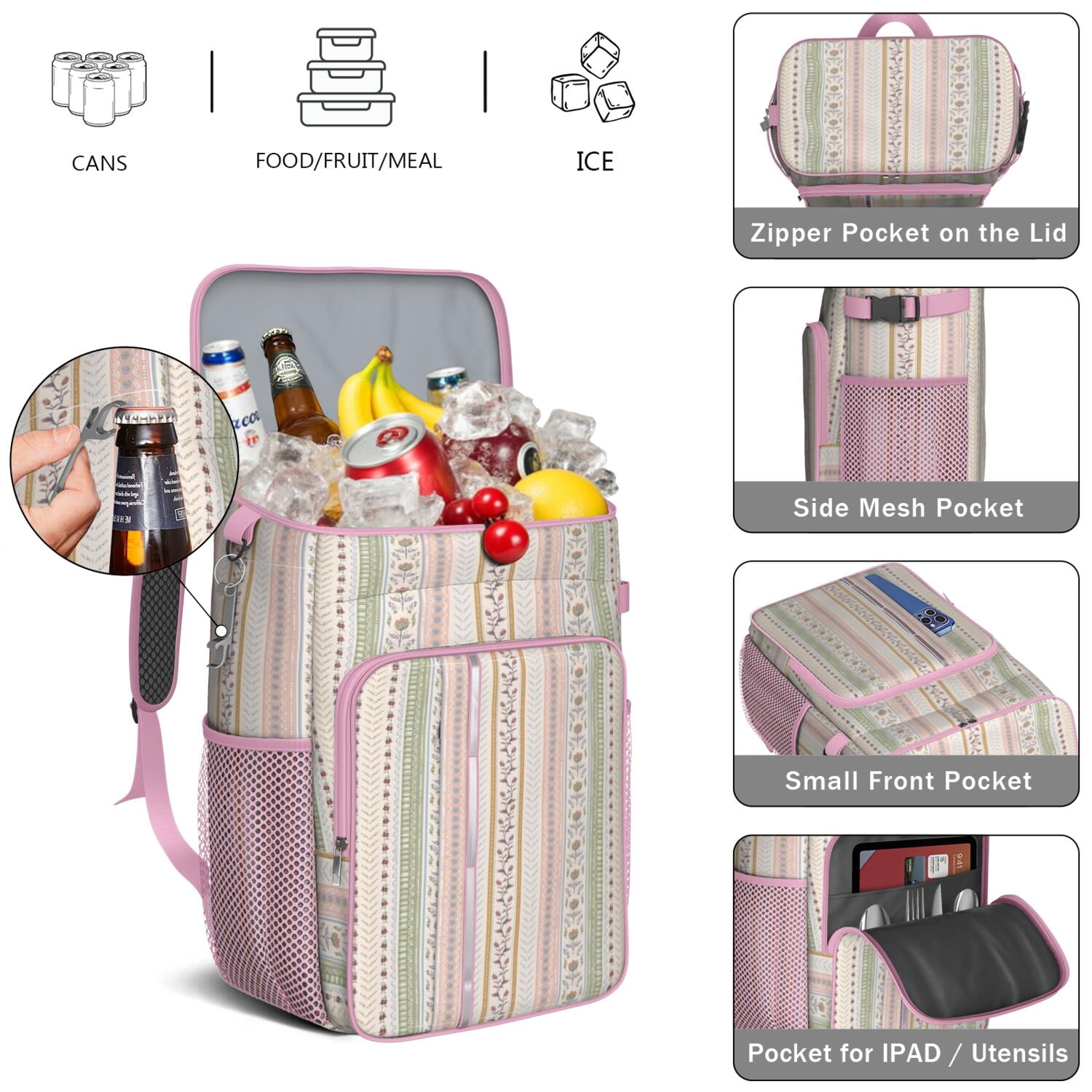Travel Cooler Bag - Boho Bohemia Pioneer Flower Geometric Line Art Camping Beer Cooler Backpack with Bottle Opener- Waterproof Insulated Picnic Backpacks - Cooler Bag for Beach