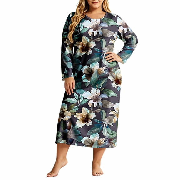 Lopecy-Sta Dresses for Women Plus Size Floral Print Crew Neck Long Sleeve Loose Fit Midi Length Shift Dress Loungewear Nightgown for Sleepwear Daily Indoor Wear