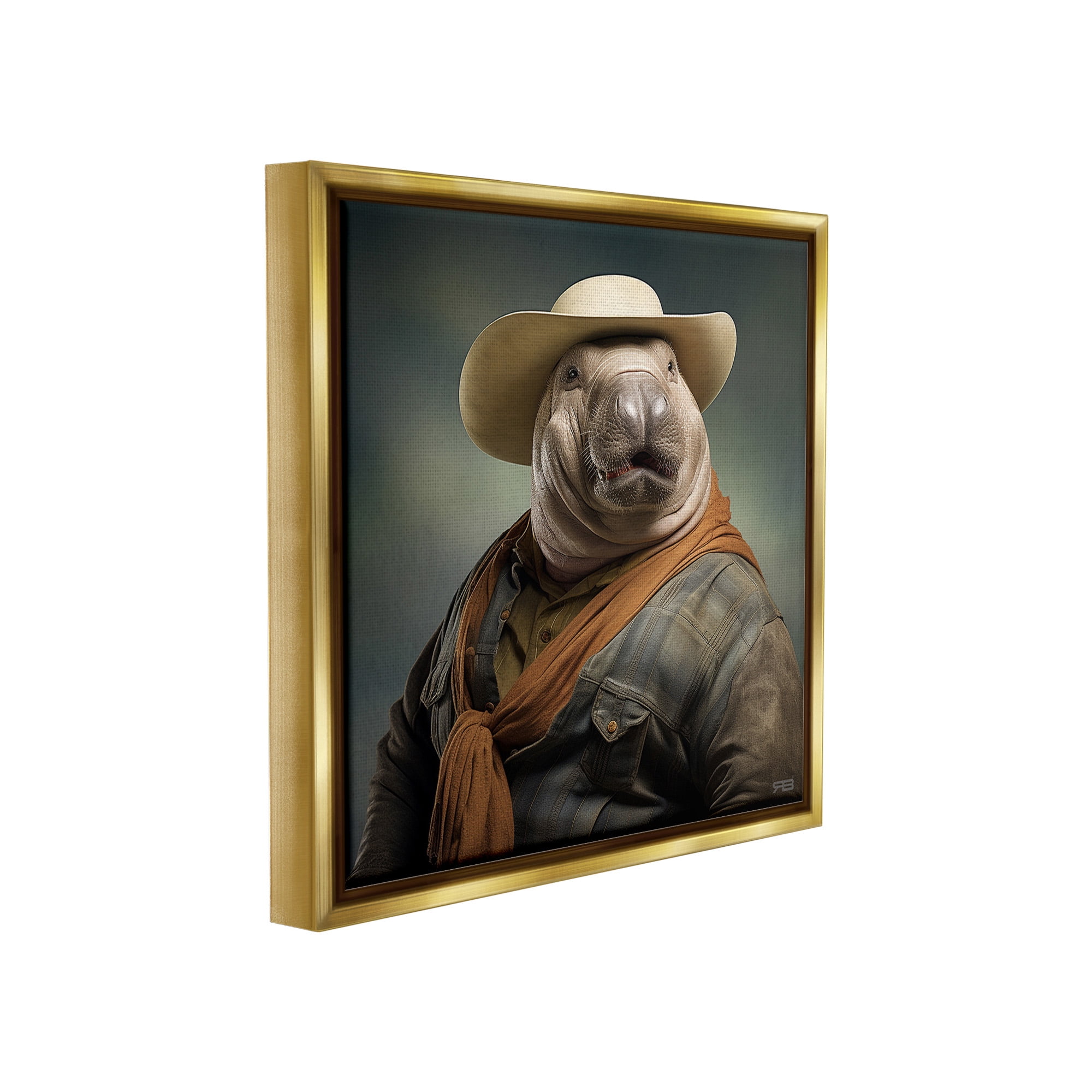 Stupell Industries Cowboy Manatee Portrait Animals & Insects Painting Gold Floater Framed Canvas Art Print Wall Art, 18 x 18
