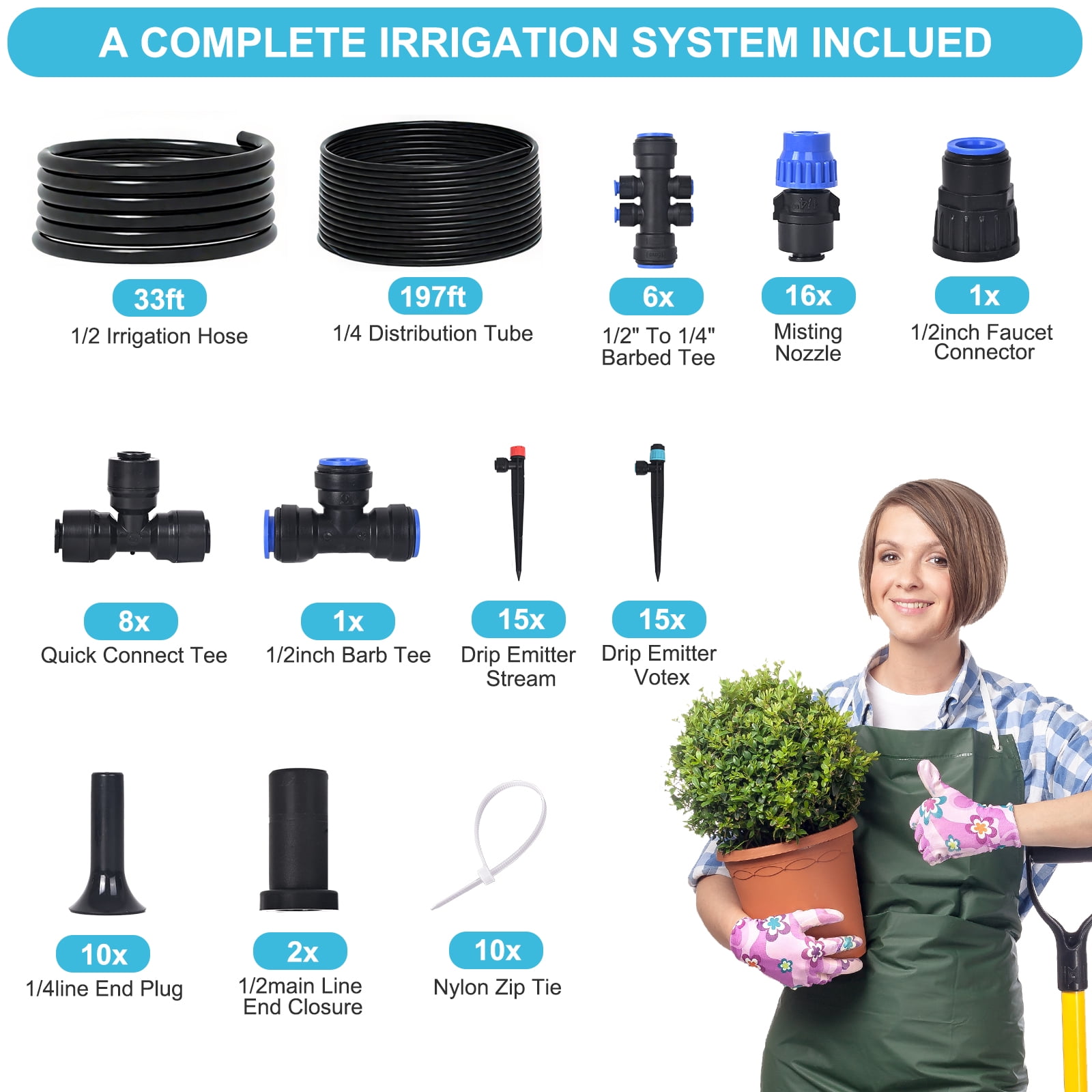 TERRALYX 230ft Drip Irrigation System with Quick-Connect,33ft 1/2" Mainline 197ft 1/4" Tubing Drip Irrigation Kit and 3 Nozzle Types Irrigation System for Garden,Flower Bed,Raised Bed,Greenhouse