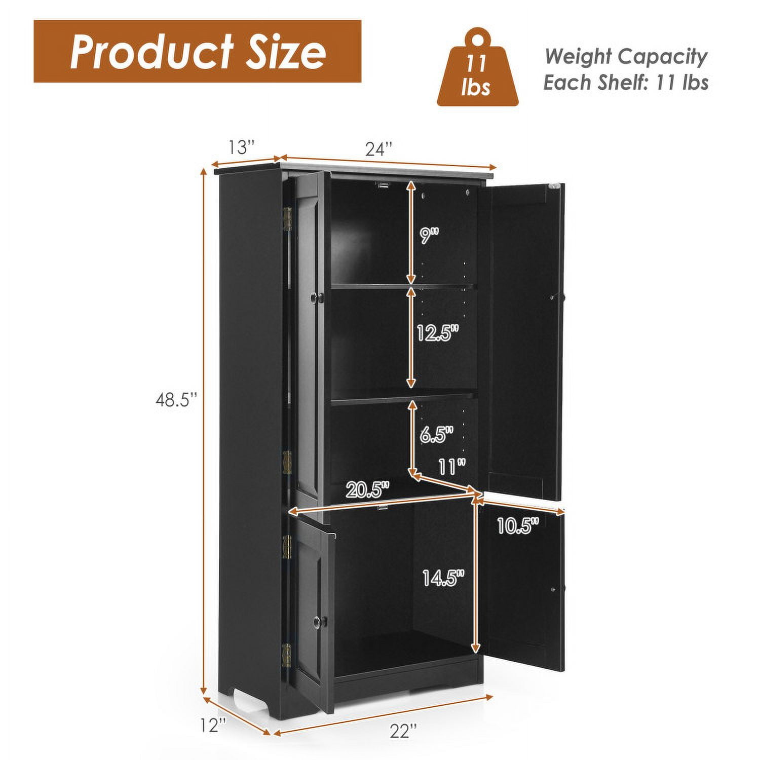 Demi Bonn 49" Accent Floor Storage Cabinet, 2-Door Bathroom Cabinet, Pantry Cabinet with Adjustable Shelves, Black