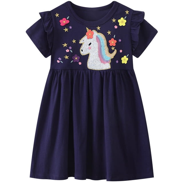 Vestido FreeLu para niña pequeña, casual, mangas cortas, algodón, 4T