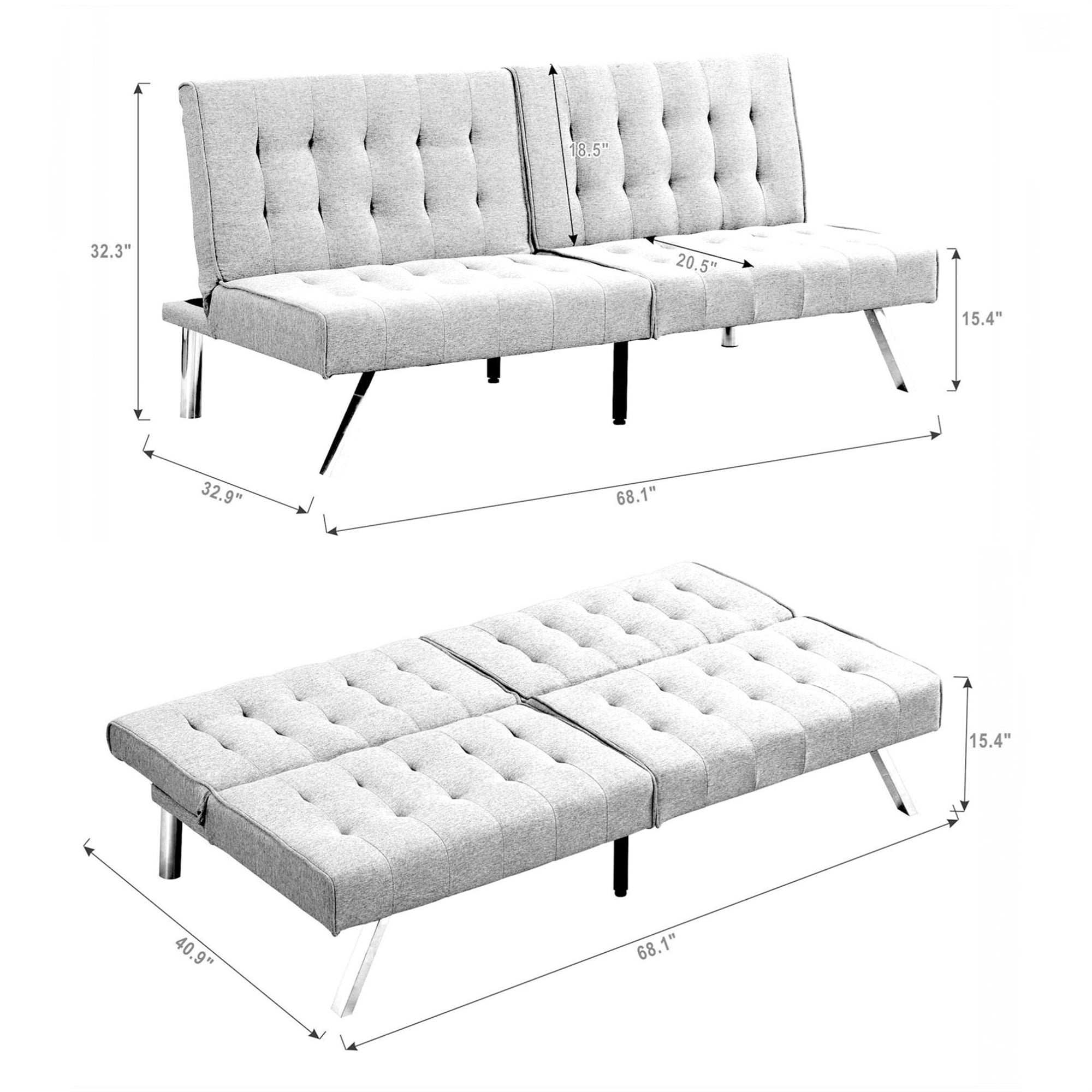 Aukfa 67" Tufted Futon Convertible Sofa Bed Separate Back Chaise Couch for Home Office, Linen, Black