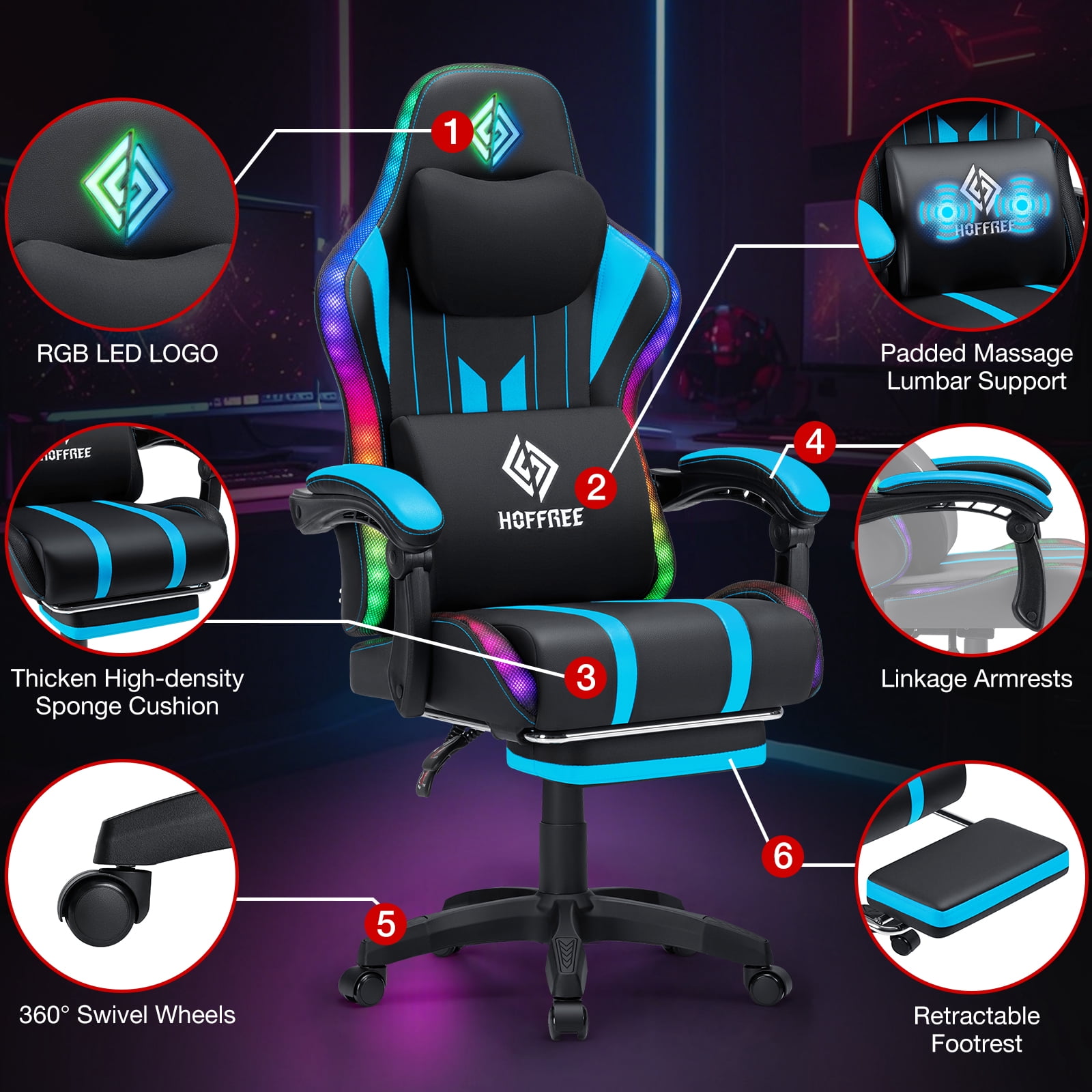 HOFFREE Massage Gaming Chair with Speakers, Leather Game Chair with Bluetooth and Music Rhythm RGB Lights, Big and Tall Gamer Chair with Footrest for Adults, Ergonomic Video Game Chair with Headrest