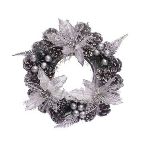 LSLJS Christmas Wreath for Front Door, Christmas Decorations, 15.7 inch Silver PVC Simulation Pine Cone Garland with Flowers, Glitter Christmas Pendant Holiday Hanging Ornaments for Window Door Party