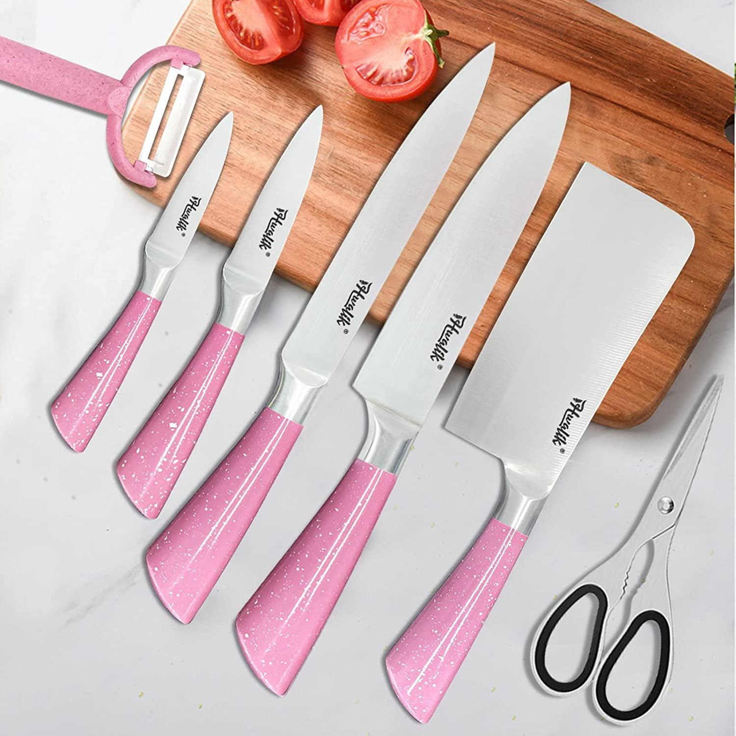 Kitchen Knife Set, 9PC Pink Wheat Straw Sharp Cooking Knife Set with Acrylic Stand, Stainless Steel Non-stick Chef with Comfortable Handle for Slicing Cutting Peeling Chopping