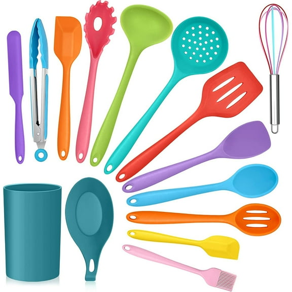 Vesteel 15 Piece Kitchen Utensils Set, Silicone Cooking Utensils with Holder, Non-Stick Cookware Friendly & Heat Resistant - Colorful