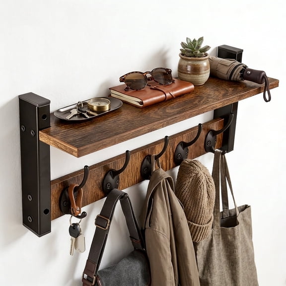 Coat Rack Wall Mount with Shelf,2 in 1 Wall Coat Rack with Hooks,Entryway Wall Mounted Shelf with Mail Holder for Living Room, Bedroom, Bathroom