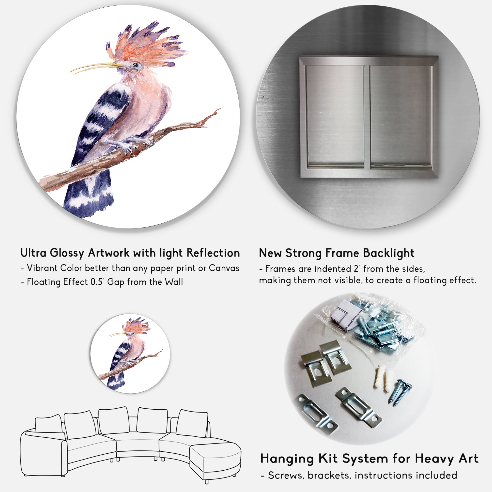 Designart 'Ancient Hoopoe Bird On A Branch' Traditional Circle Metal Wall Art 36x36 - Disc of 36