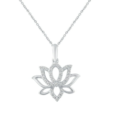 1/10 Cttw Natural Diamond Open Lotus Flower Charm Necklace Pendant in 925 Sterling Silver