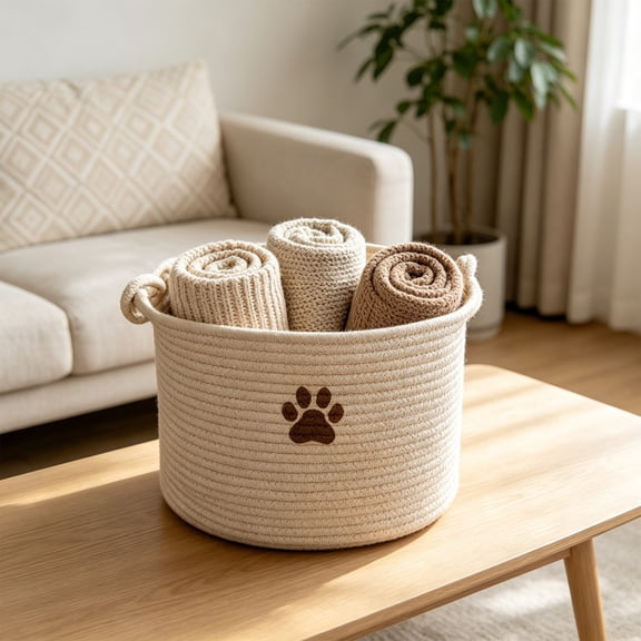 WDOBM Storage Basket, Baskets for Organizing, Foldable Fabric Clothing Toy Storage Basket, Storage Baskets with Handles, Cotton Rope Storage Basket for Bedroom Storage Baskets