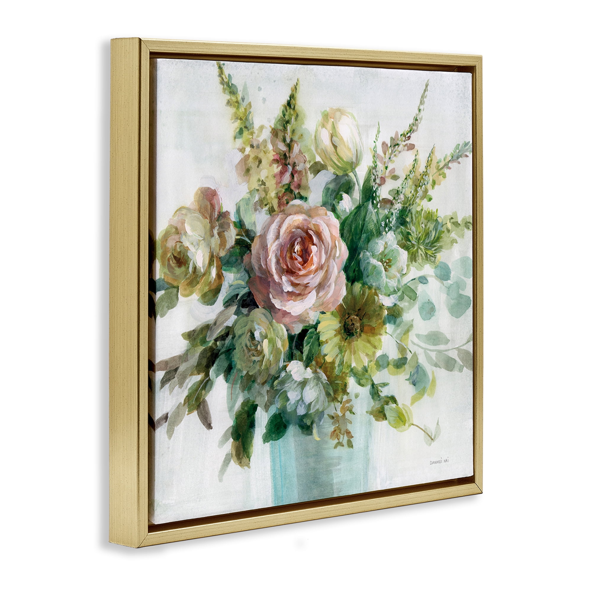 Stupell Industries Sage & Peach Flowers Botanical & Floral Painting Gold Floater Framed Art Print Wall Art, 18 x 18