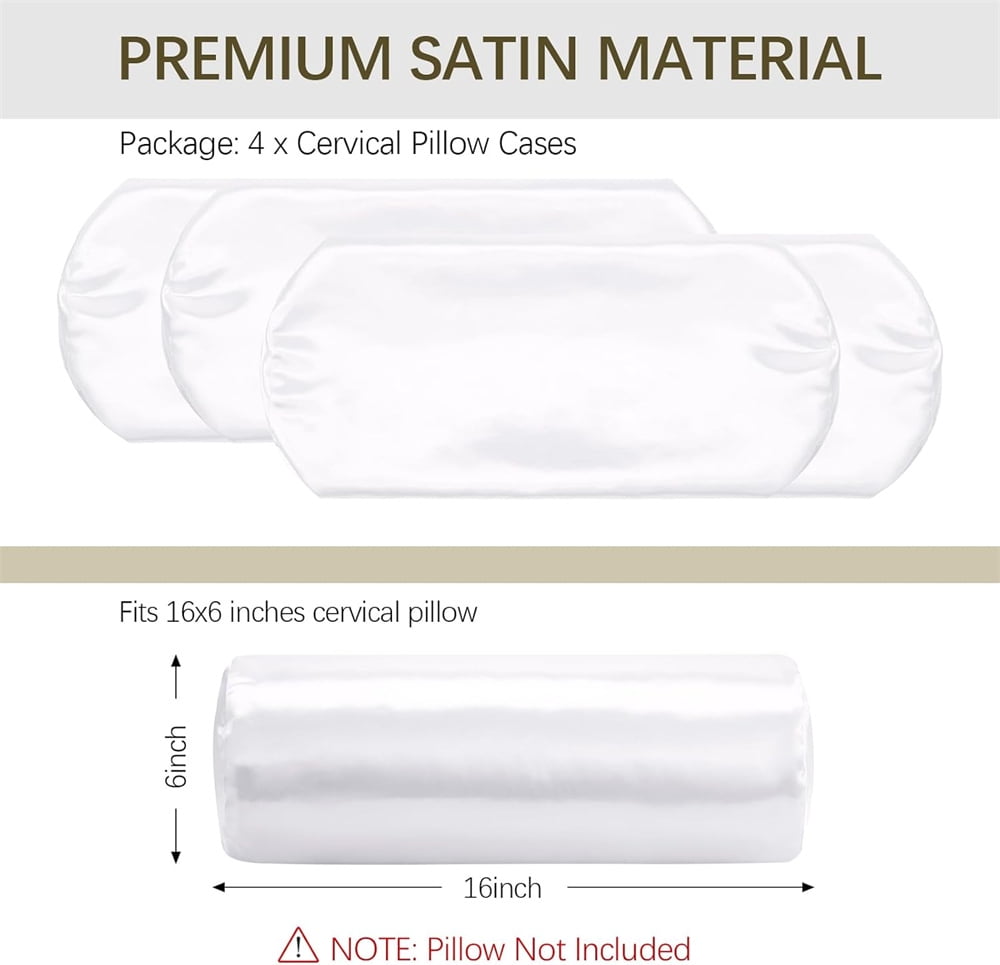 4 Pcs Cervical Pillow Cover,Neck Roll Pillow Case,Round Neck Bolster Pillow Covers,Silk Satin Cylinder Pillowcases with Zipper,Breathable Memory Pillow Cushion,for Home Travel White