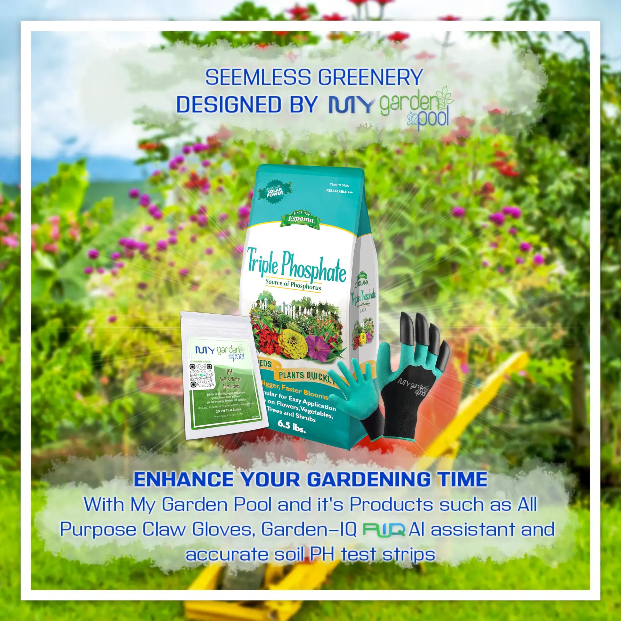 Espoma TP6 Triple Phosphate 0-45-0; 6.5 lb. with My Garden Pool PH Soil Test Strips 20 ct, and My Garden Pool Superior Gardening Claw Gloves and Garden-IQ, Smart Gardening AI Assistant!