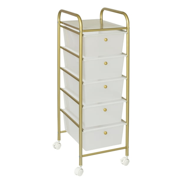 5Drawer Rolling Storage Cart With Plastic Drawers, Gold