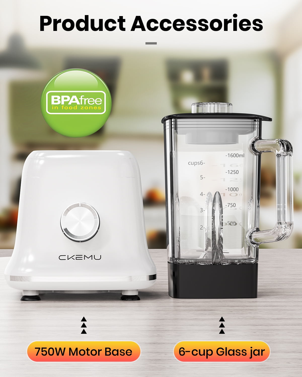 CKEMU Professional Blender for Smoothies & Ice Crushing,58 Oz Glass Jar High-Powered Countertop Blender,750W,White