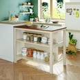 thumbnail image 3 of Solid Wood Rustic 3-Piece 45" Stationary Kitchen Island Set with 2 Dining Stools, Rubber Wood Butcher Block Dining Table Set, Prep Table Set with 2 Open Shelves for Small Places, Walnut+Cream White, 3 of 7