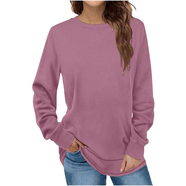 Diufon Womens Plus Size Tees Round Neck Long Sleeve Tops Fall Casual Solid Color Blouses