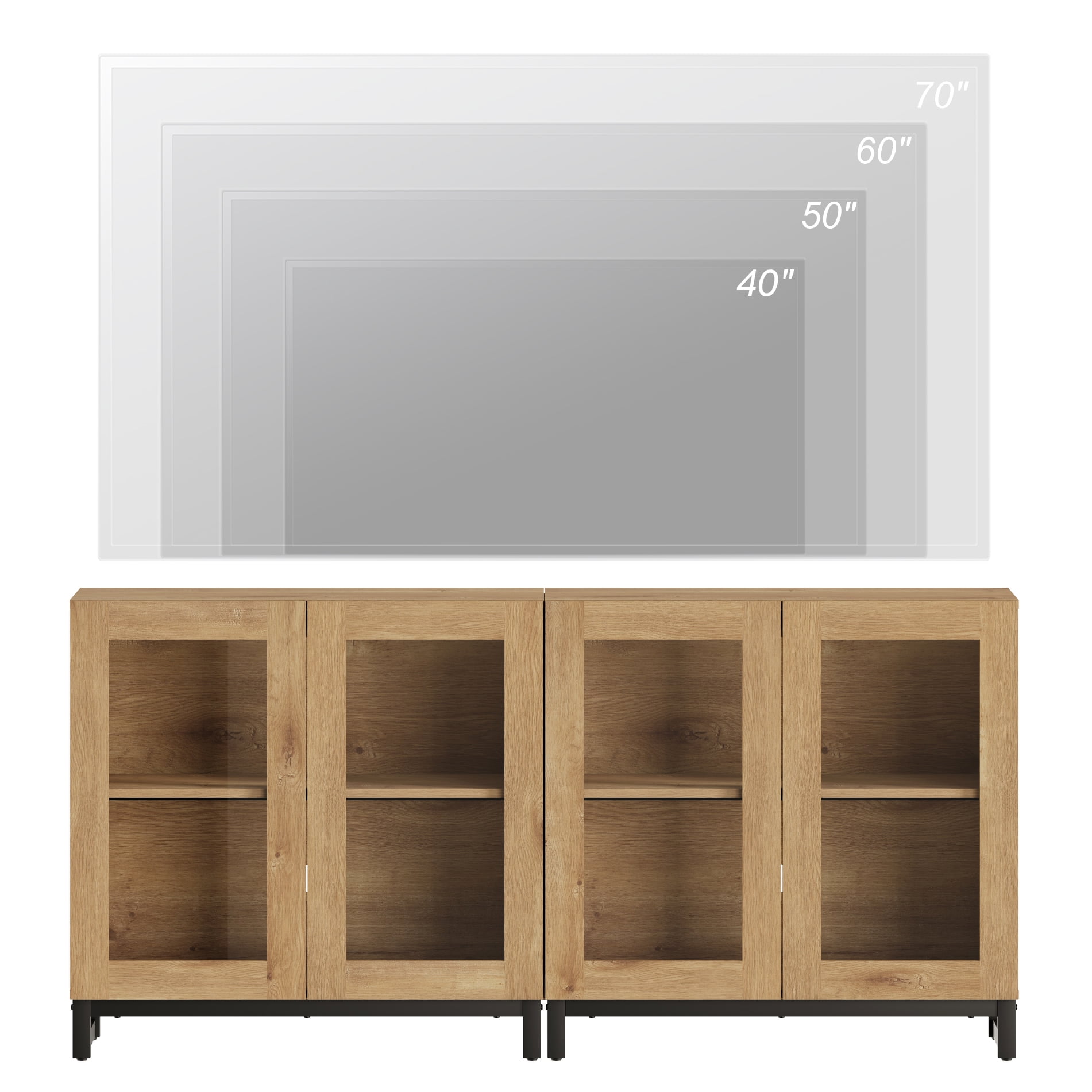 Modern TV Stand with Glass Doors, Entertainment Center TV Console with Adjustable Shelves, Media Storage Furniture up to 70 Inch TVs, Suitable for Living Room,Oak