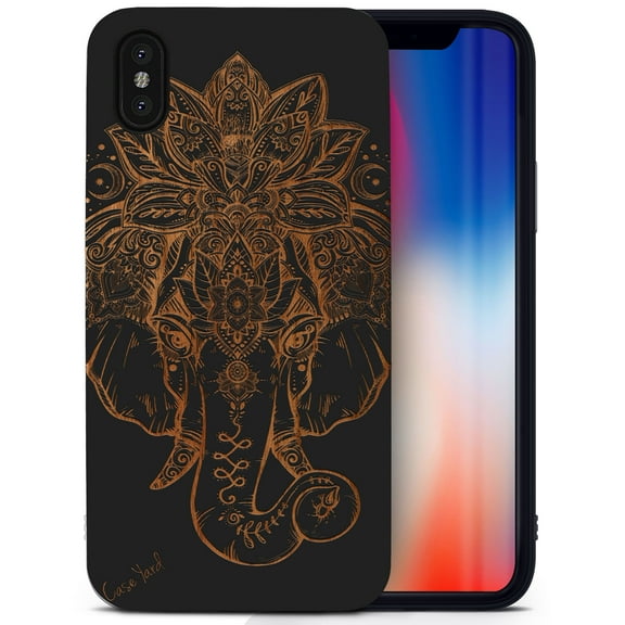 Case Yard Wooden Case for iPhone-X Soft TPU Silicone cover Slim Fit Shockproof Wood Protective Phone Cover for Girls Boys Men and Women Supports Wireless Charging Elephant with Crown Design