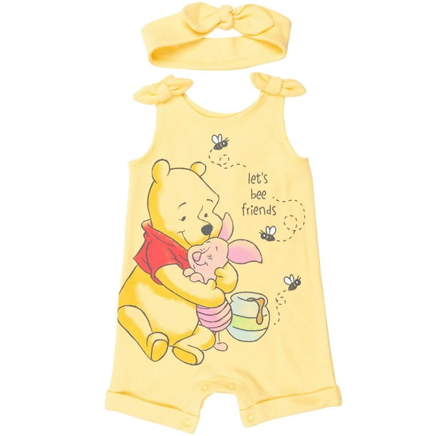 Mameluco y diadema con cierre a presión de Winnie the Pooh de Disney para niñas recién nacidas, color amarillo, de 0 a 3 meses