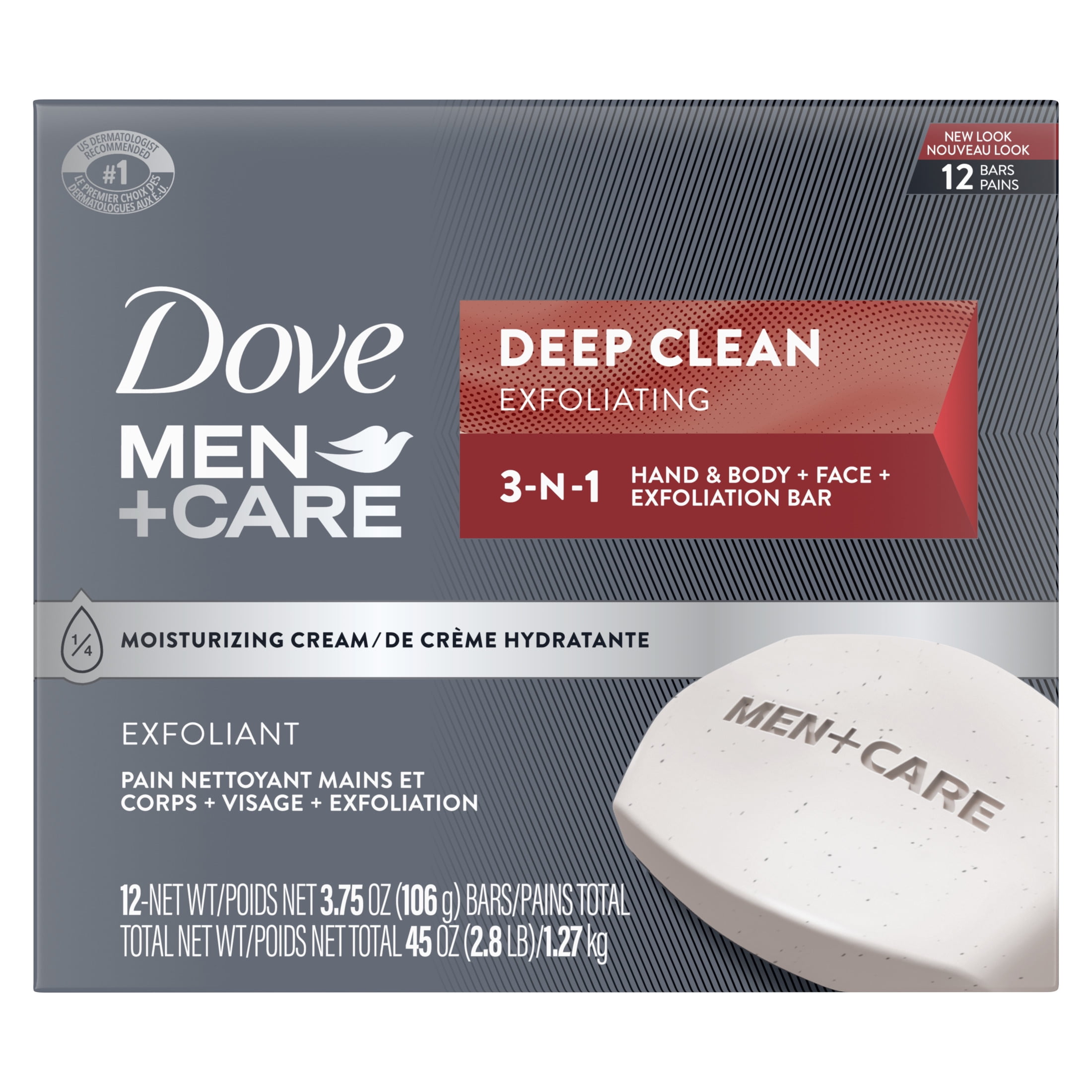 (4 pack) Dove Men+Care 3-in-1 Hand & Body + Face + Exfoliation Bar for Dry Skin, Deep Clean, 3.75 oz (12 Bars)